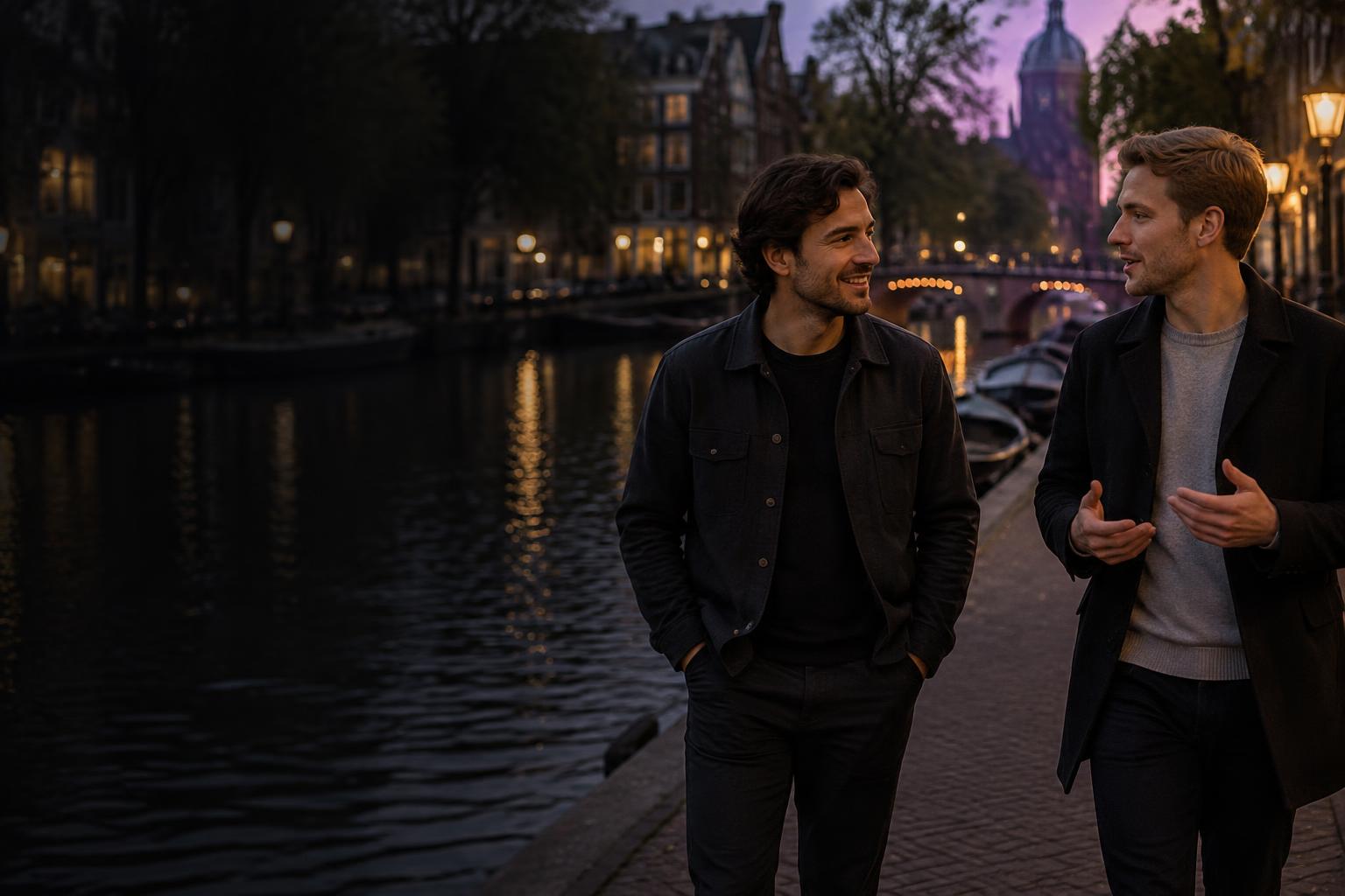 Two people having a relaxed conversation beside a canal
